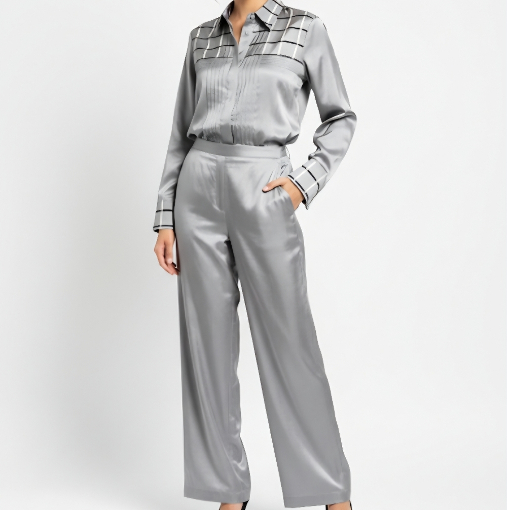 J.S. Thai 100% Silk Womens 2-Piece Set Handmade Plaid Shirt & Pants Silver Sz P